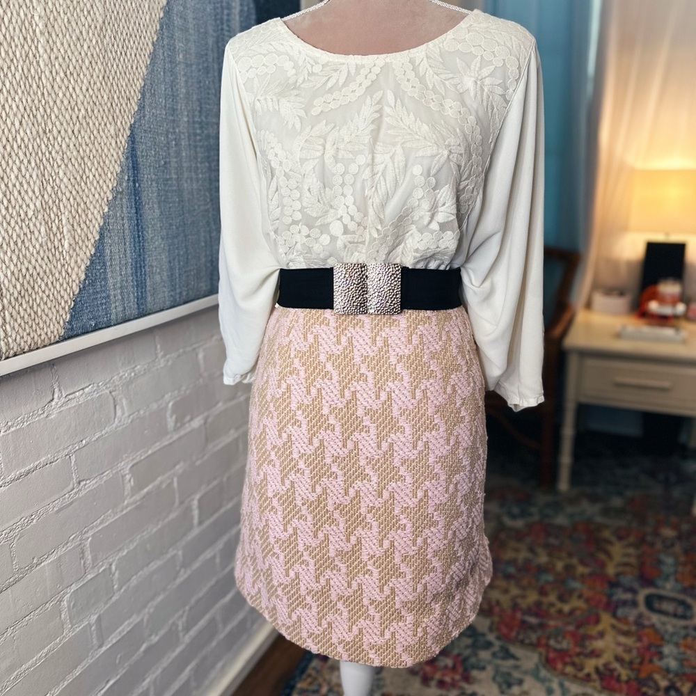 Vintage Peggy Jennings Pink and Gold Houndstooth Tweed Skirt
